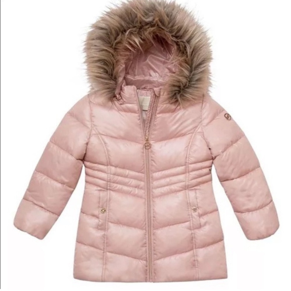 NEW MK Girls' Pink Puffer Coat with Faux Fur Hood